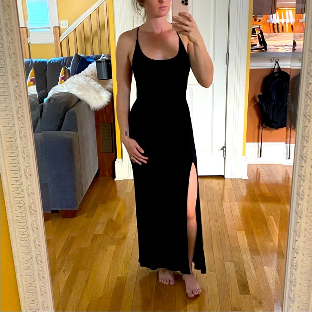 Reformation ribbed backless slit dress
